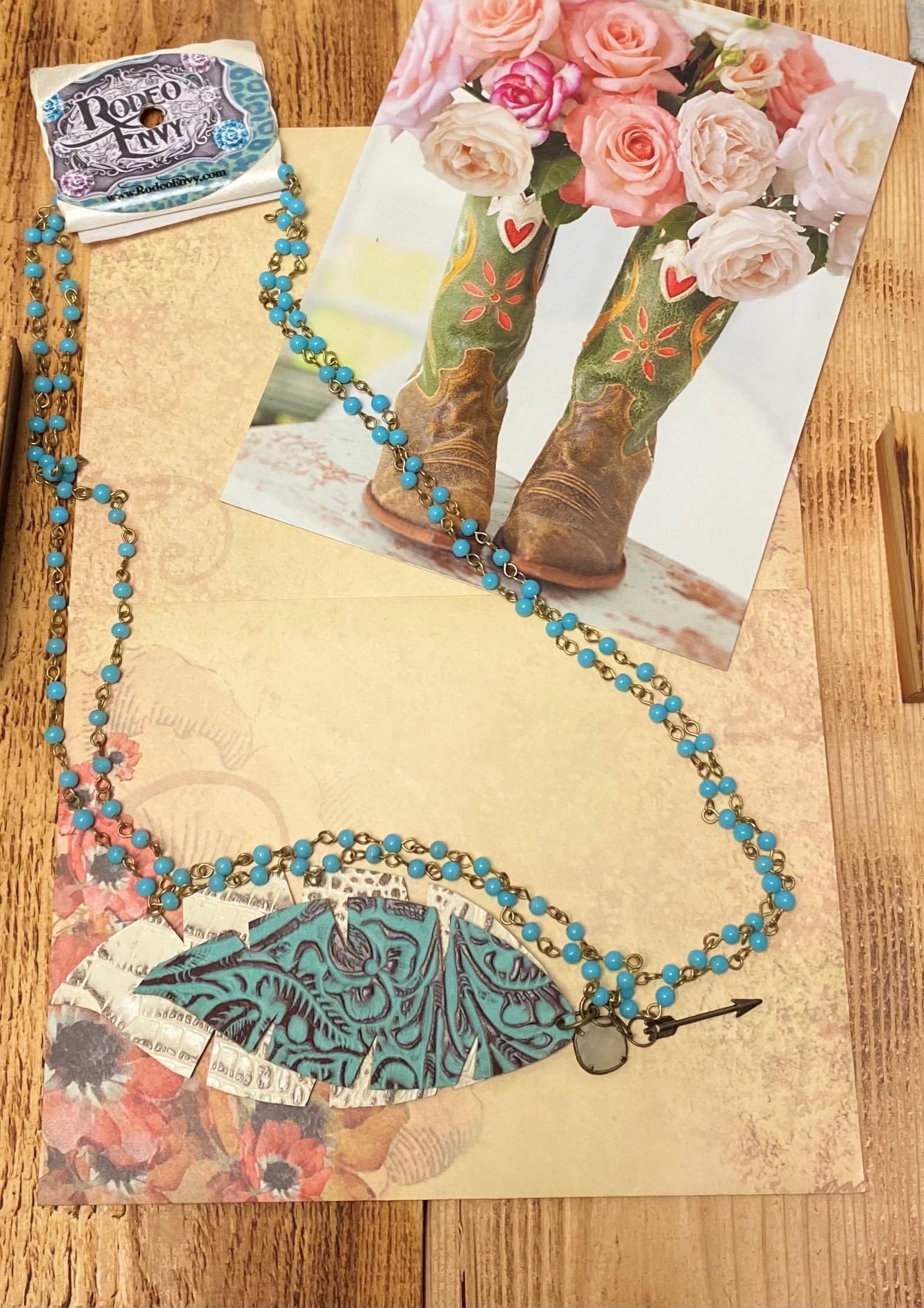 Rodeo Envy 30 inch Teal Beaded Chain with Leather Feather cut outs Teal and Cream