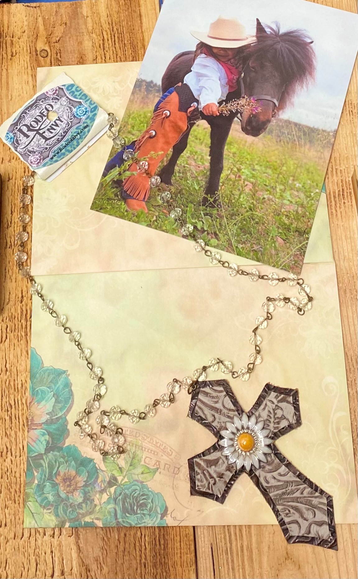 Rodeo envy 30 inch Clear beaded chain with Tan Brown Cross Cut Out and Sunflower