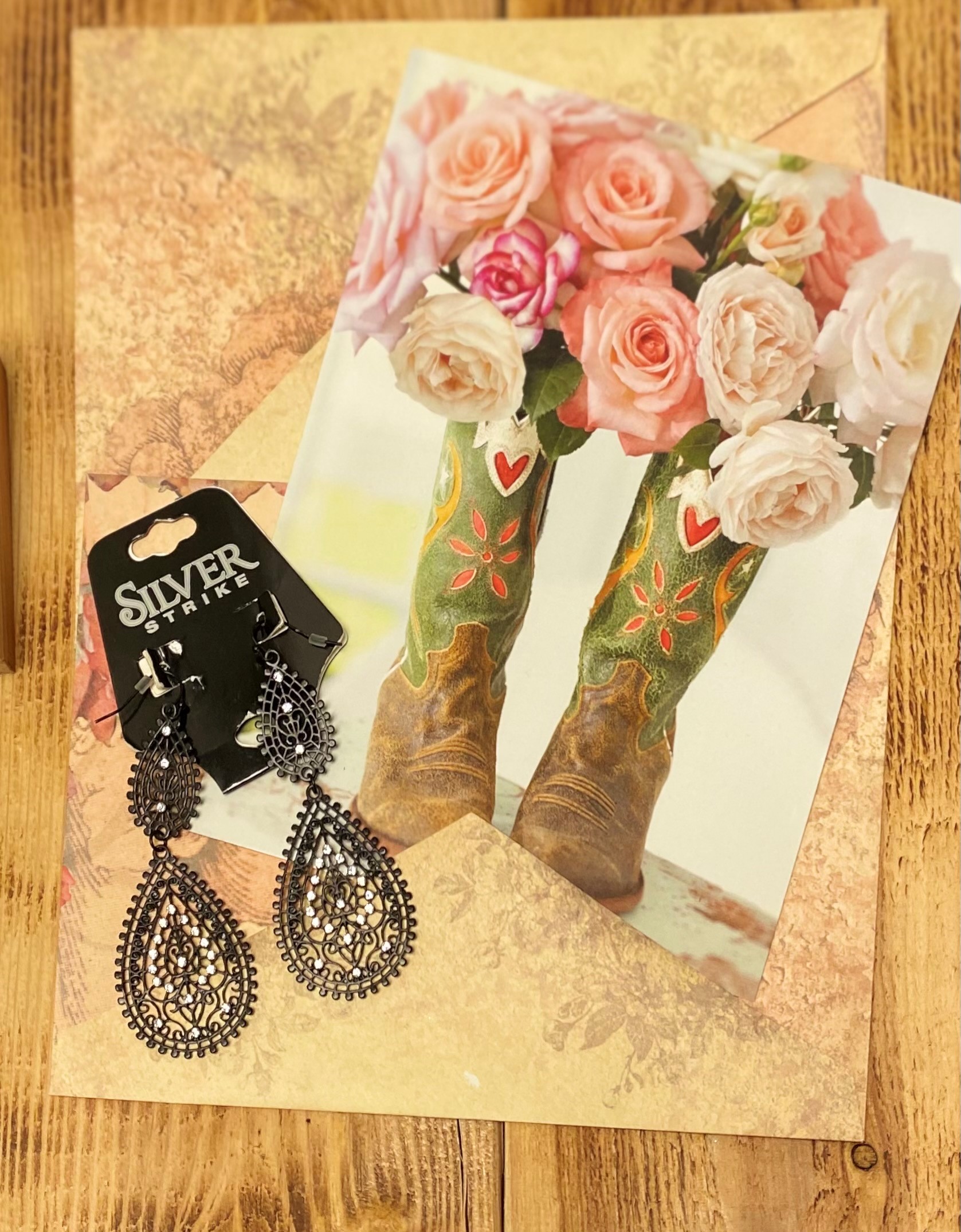 Silver Strike 2 Tear Drop Black Lace Earrings with Crystal  Jewels  Embellished on the front