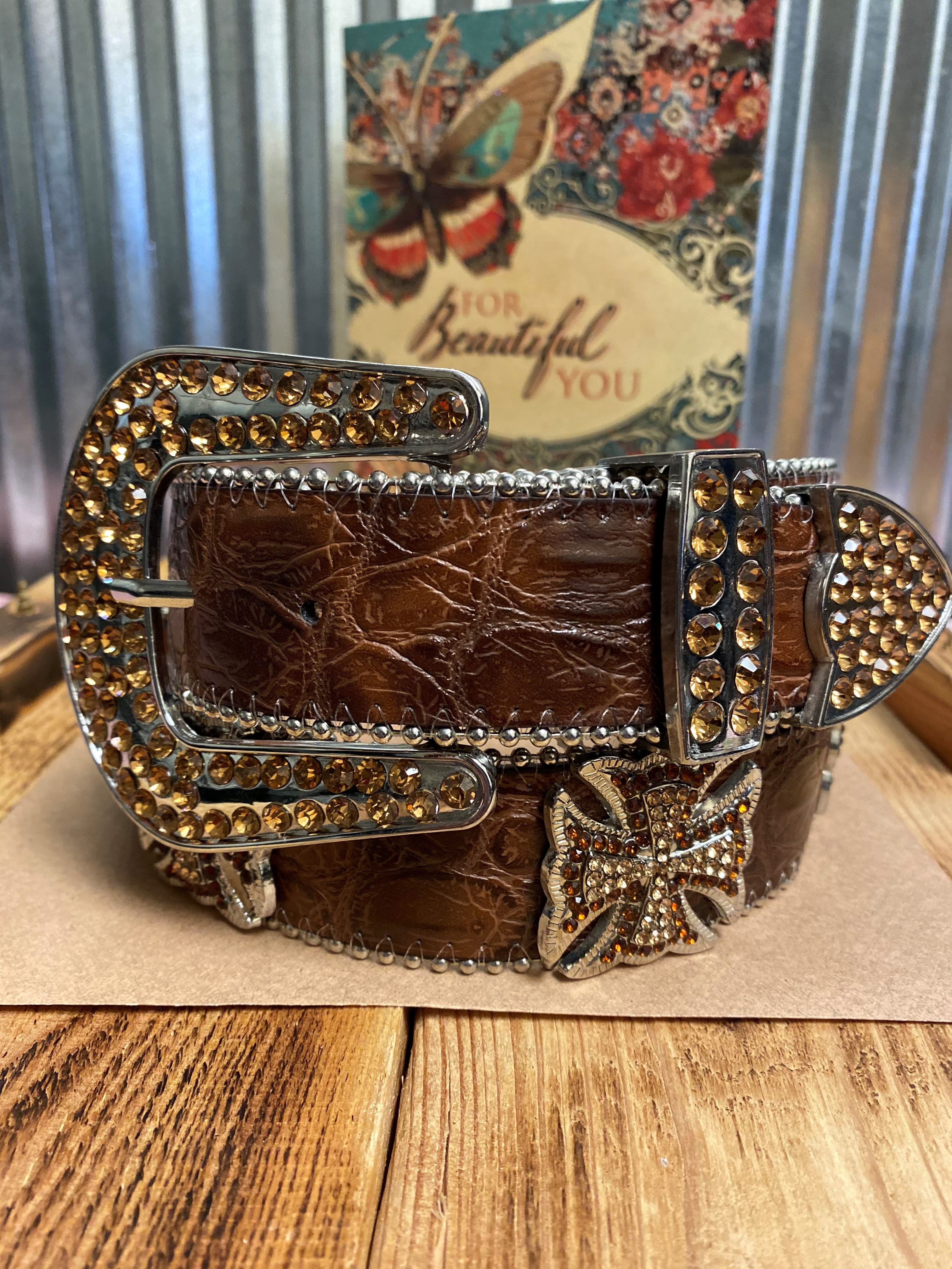 Angel Ranch Women's Brown Leather Belt with Embellished Cross cut outs