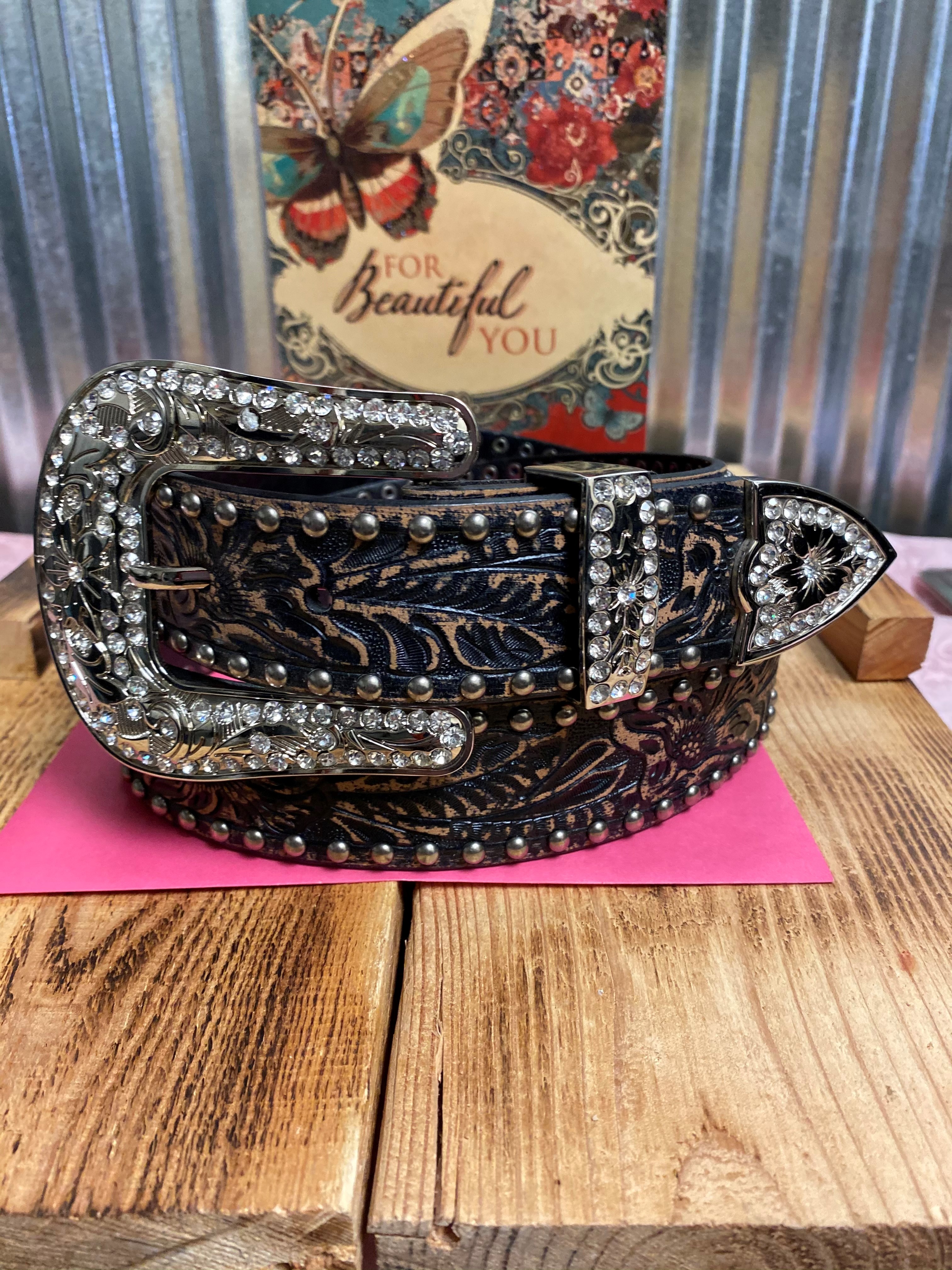 Angel Ranch Women's Black Floral Tooled Inlay Belt with Antique Studs on the sides.