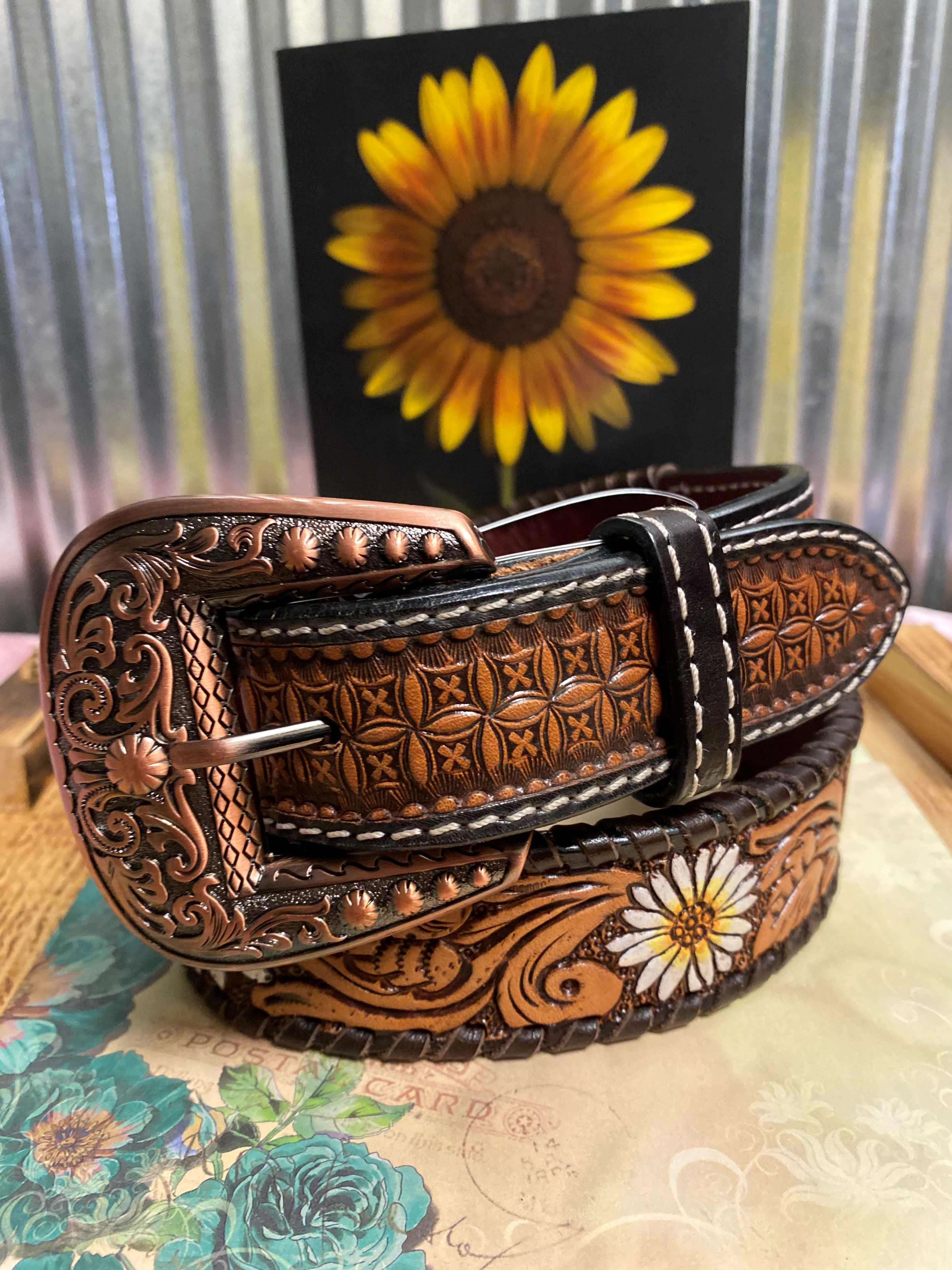 Women's Rafter Ranch Company Sunflower Tooled Belt with Embellished Copper Buckle  