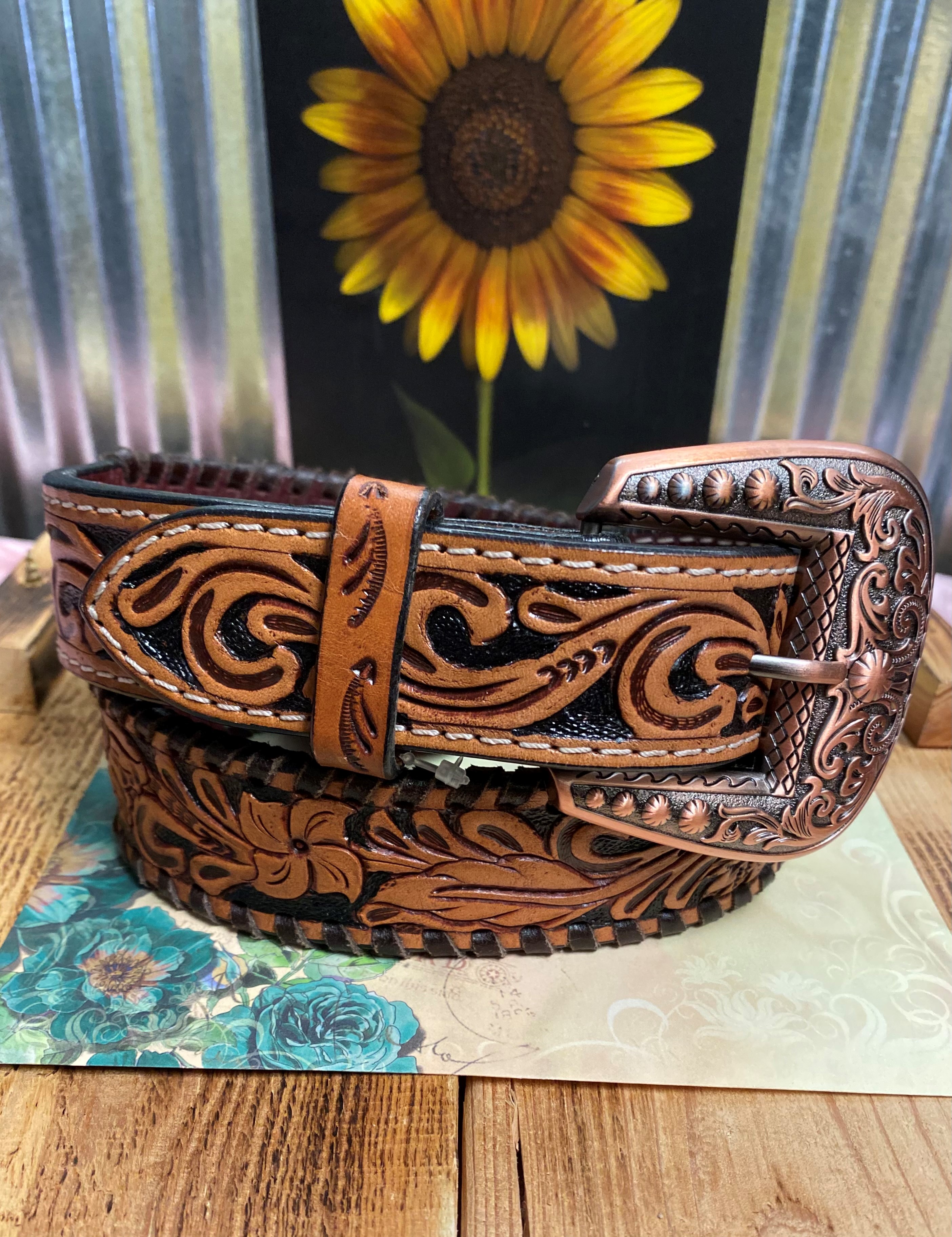 Women's Rafter Ranch Company Brown Belt with Tan Tooled Flower Pattern 