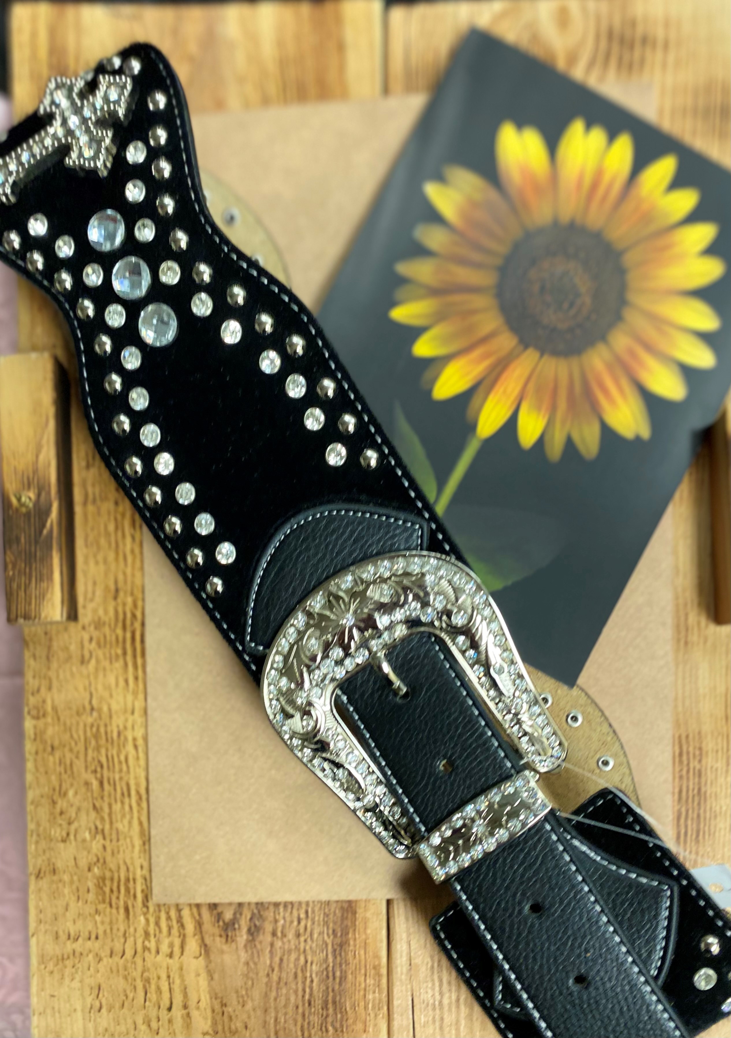 Angel Ranch Women's Black Faux Hair Crystal Studded Cross Belt