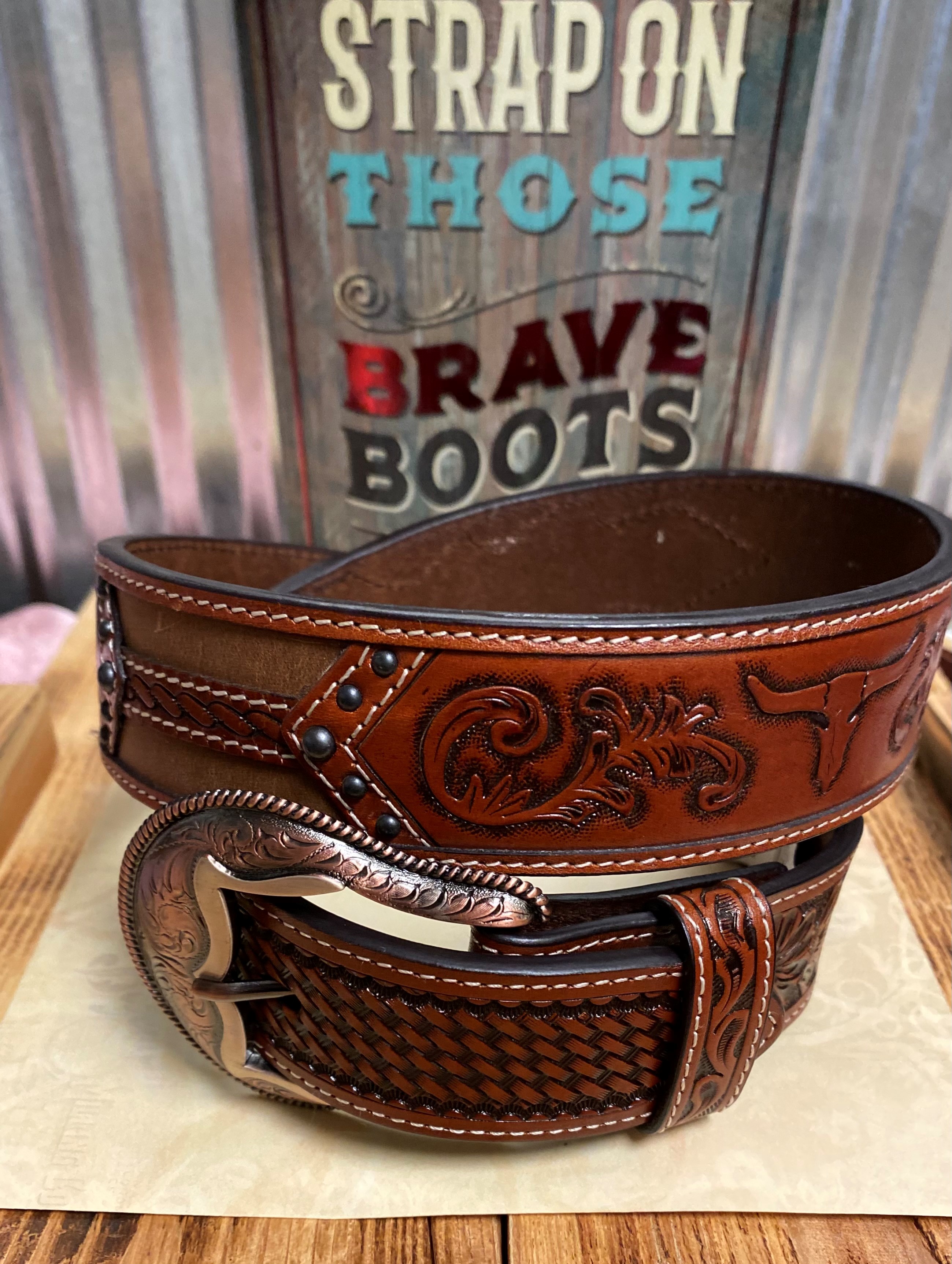 Men's 3D Tooled Belt with Steer Head Design