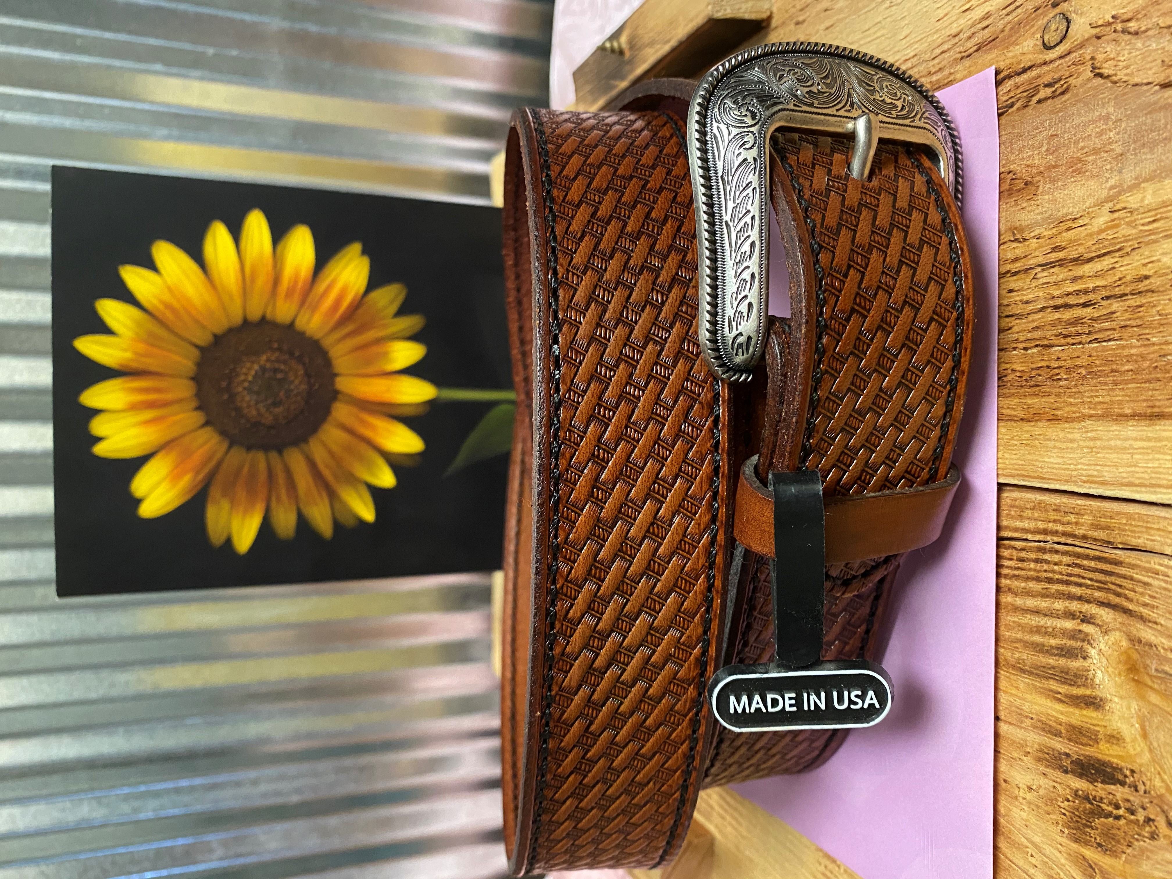 Men's Brown Basket Weaved Tooled Belt