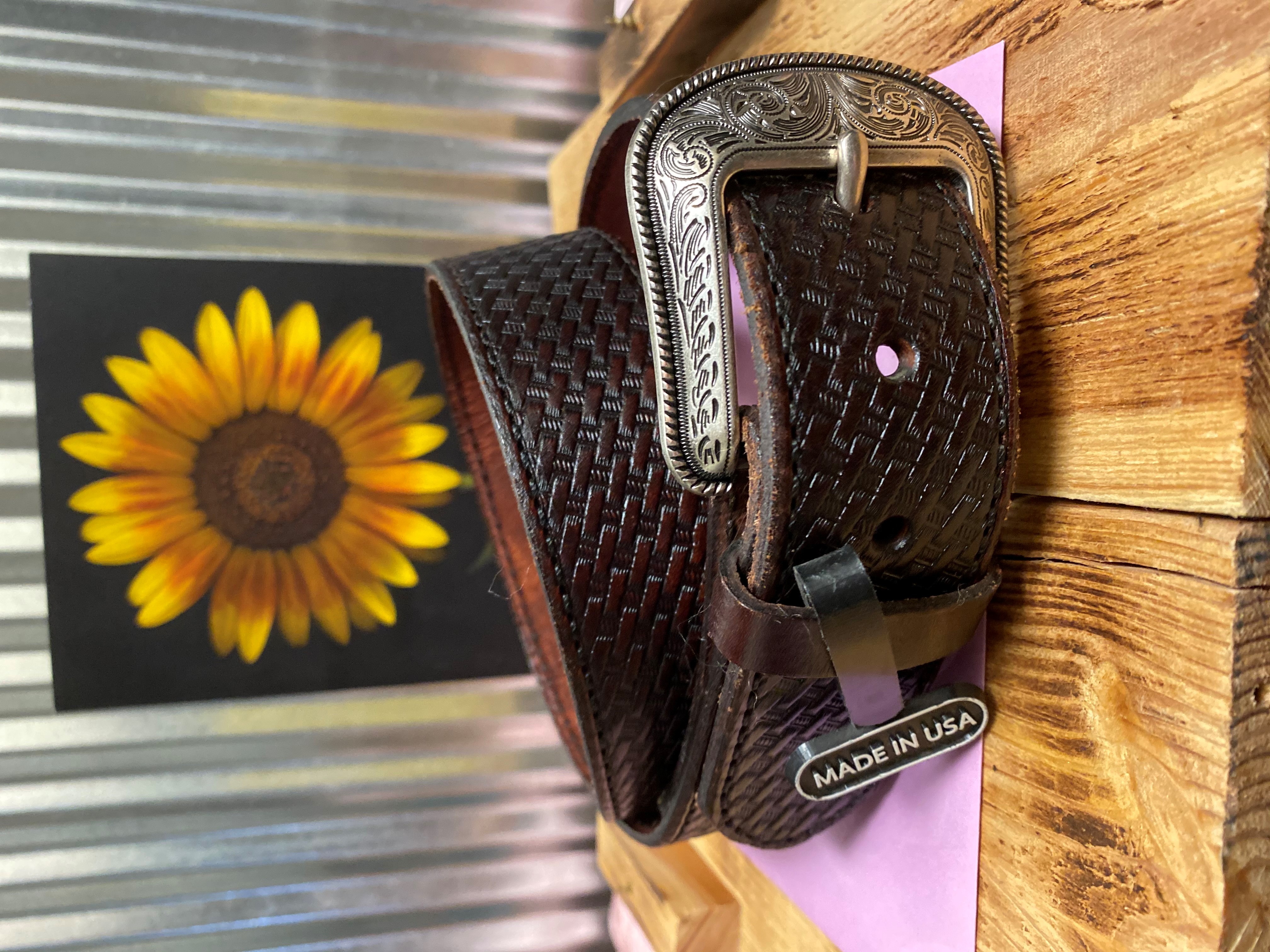 Men's Mahogany  Basket Weaved Tooled Belt