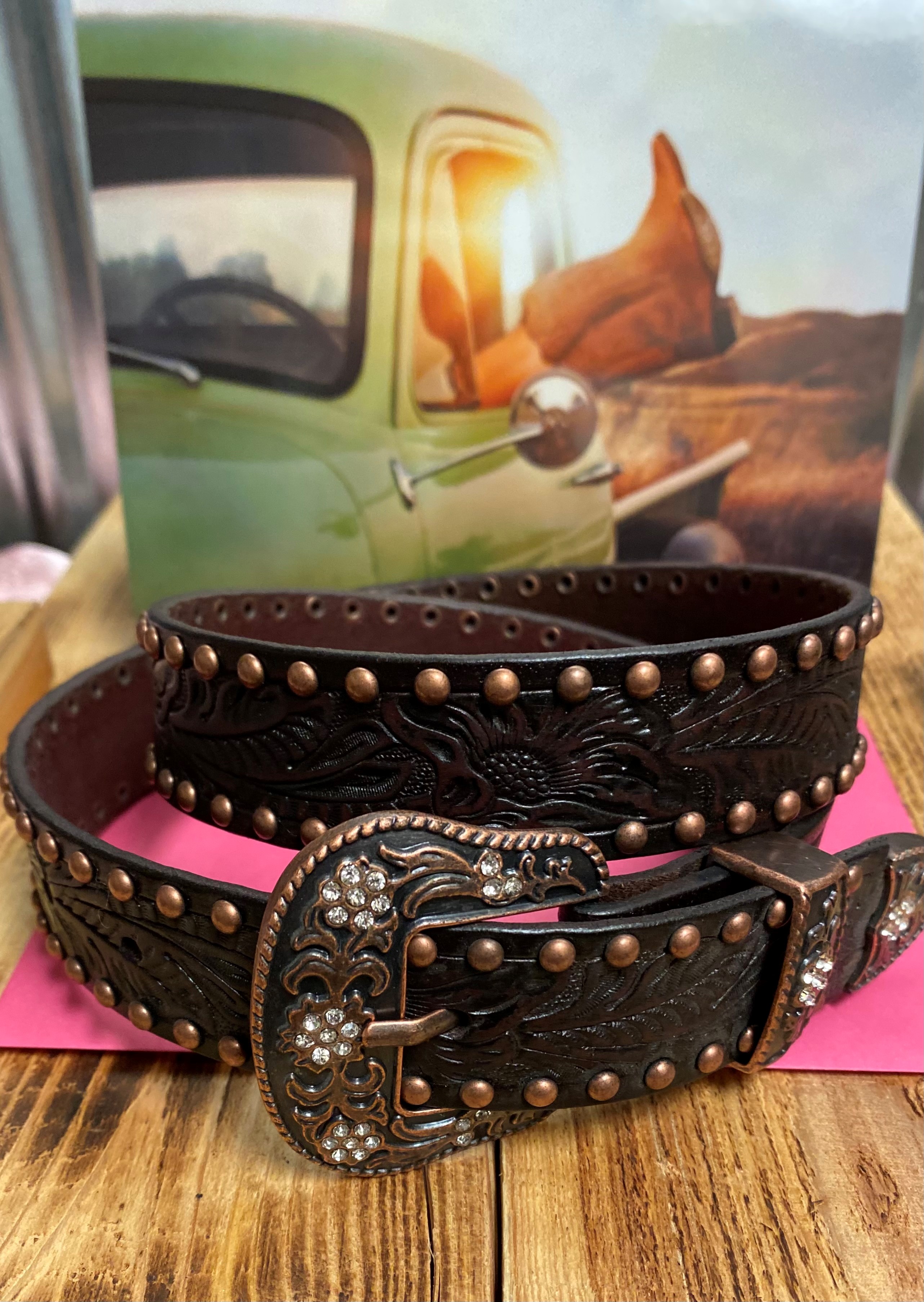 Girls Brown Flower Tooled Belt with Copper Studs