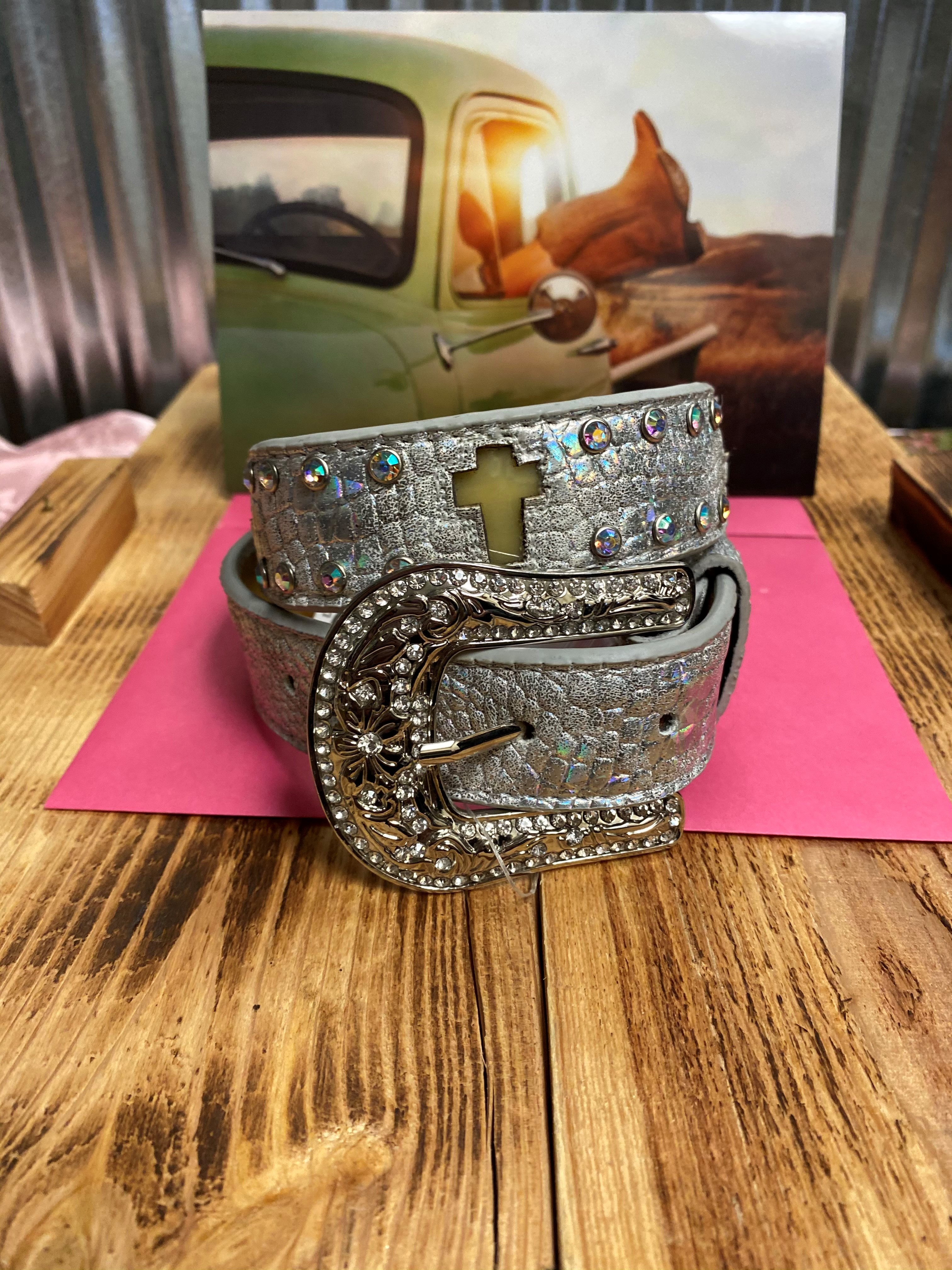 Girls Lite Up Silver Studded Cross Leather Belt