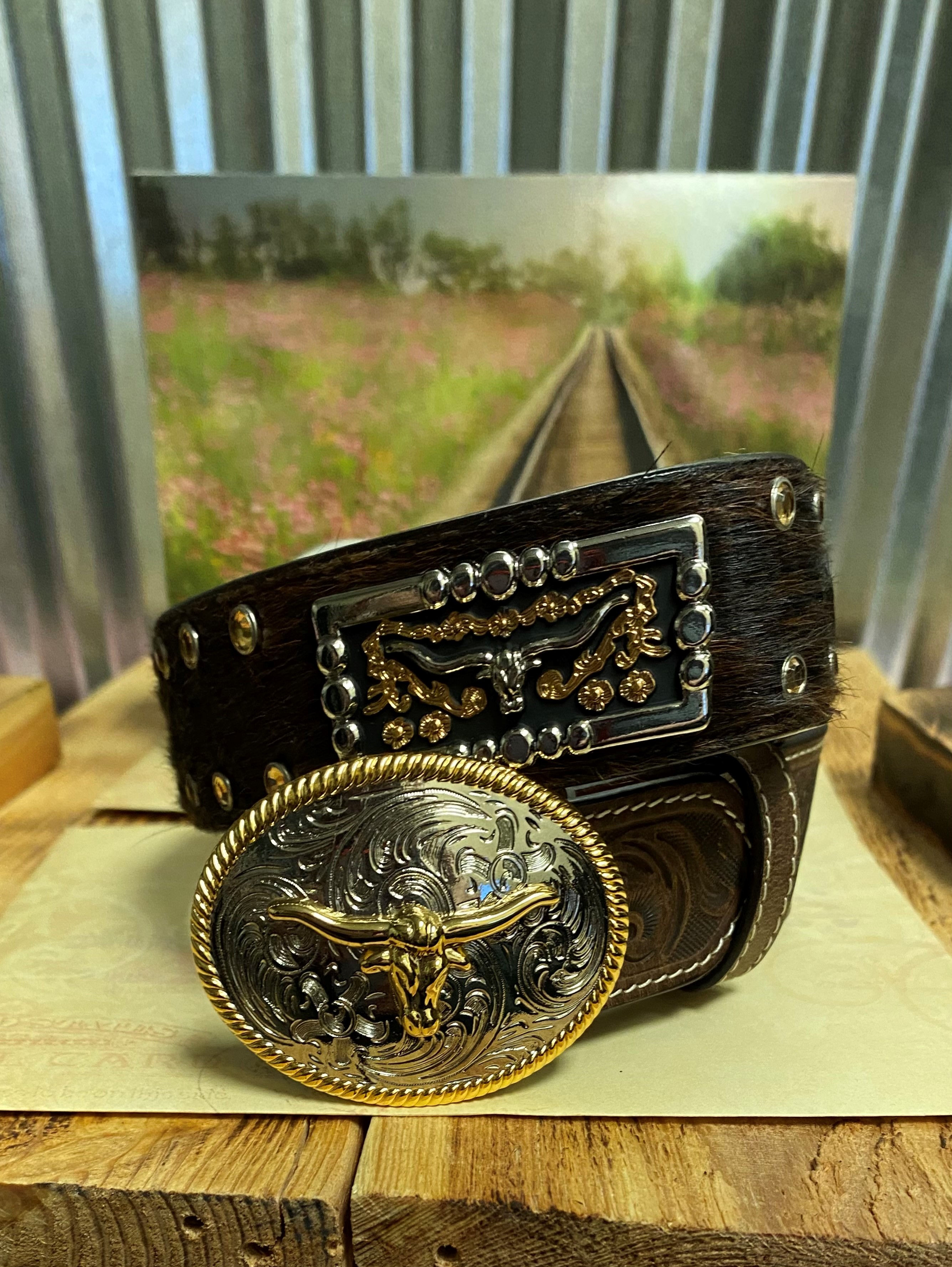 Boys Floral Tooled Distressed Brown Leather Billet and Buckle Belt