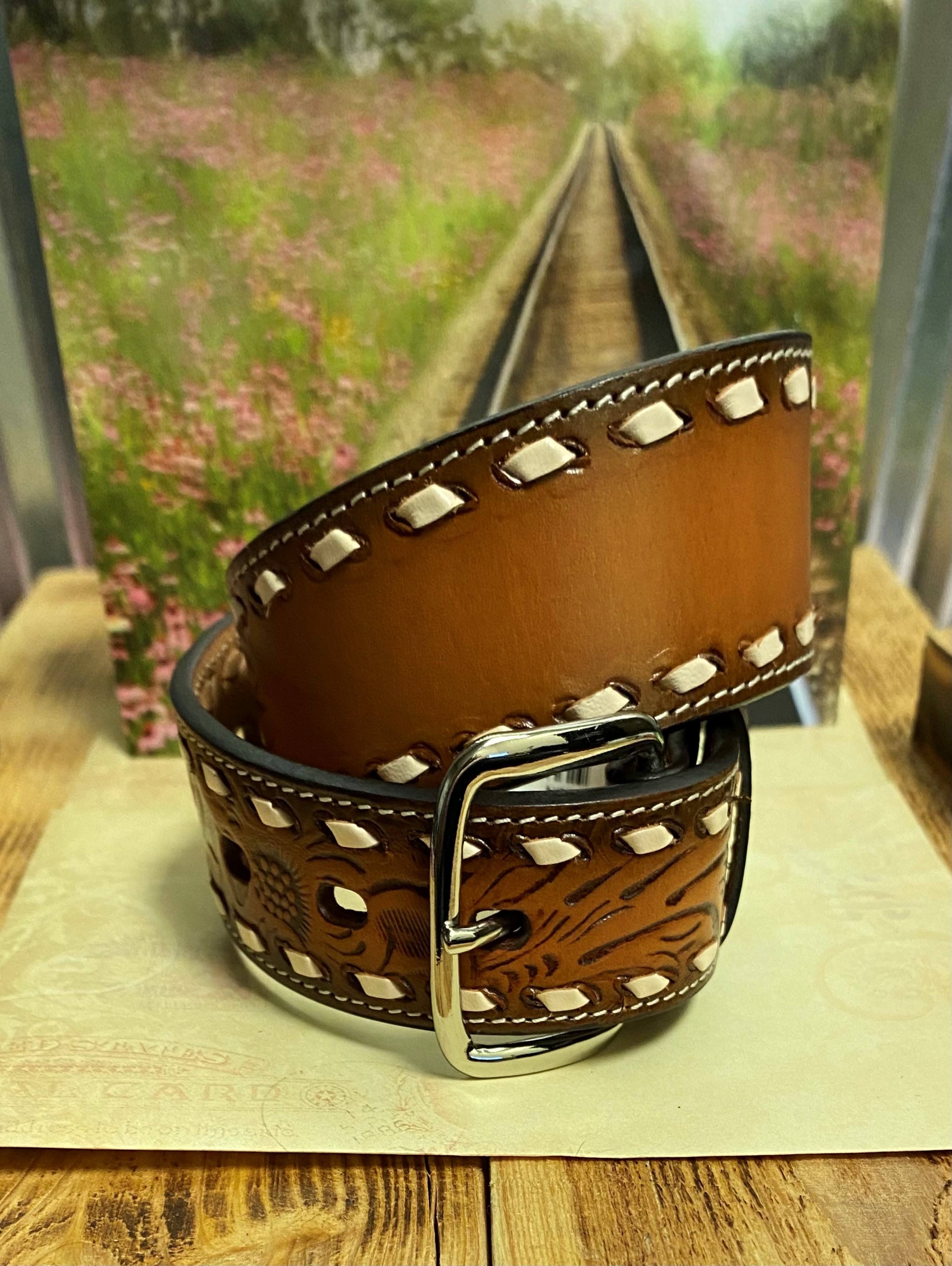 Boys Natural Floral Embossed Leather Belt