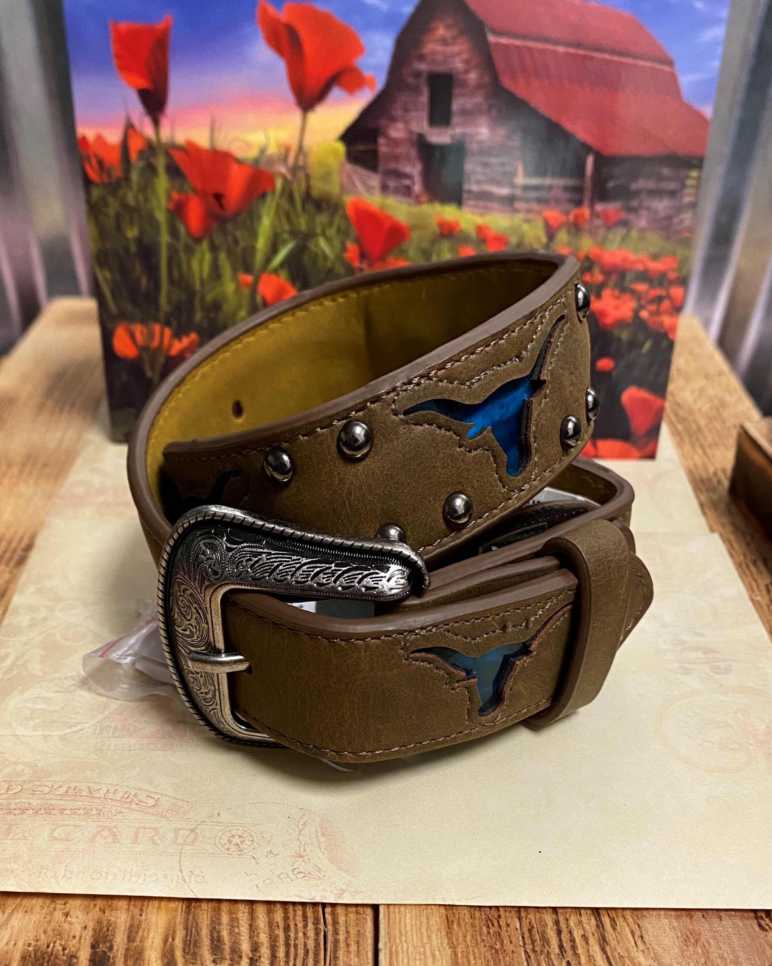 Boys Teal Steer Head Cut Out Brown Leather Belt