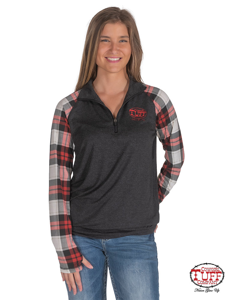 LDS PLAID LS SM CHARCOAL 1/4 ZIP