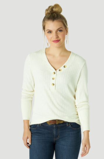 LDS RETRO CREAM SM HENLEY VNECK